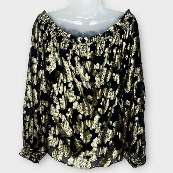 HALE BOB Viola Top Off Shoulder Black & Metallic Gold Floral Blouse Size Small - Picture 3 of 7